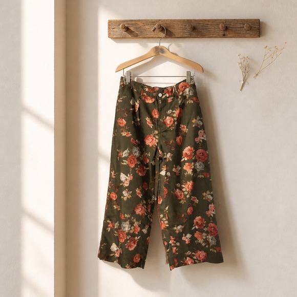 loveimgs Pants - Loveimgs Floral Wide Leg Pants Olive Green Rose Print Cotton Blend Large NWT